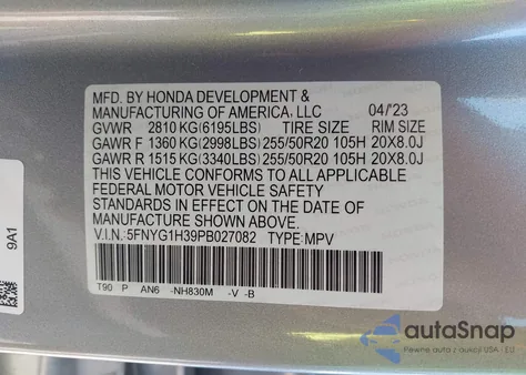 2023 Honda Pilot Awd Sport from USA, damaged, VIN 5FNYG1H39PB027082